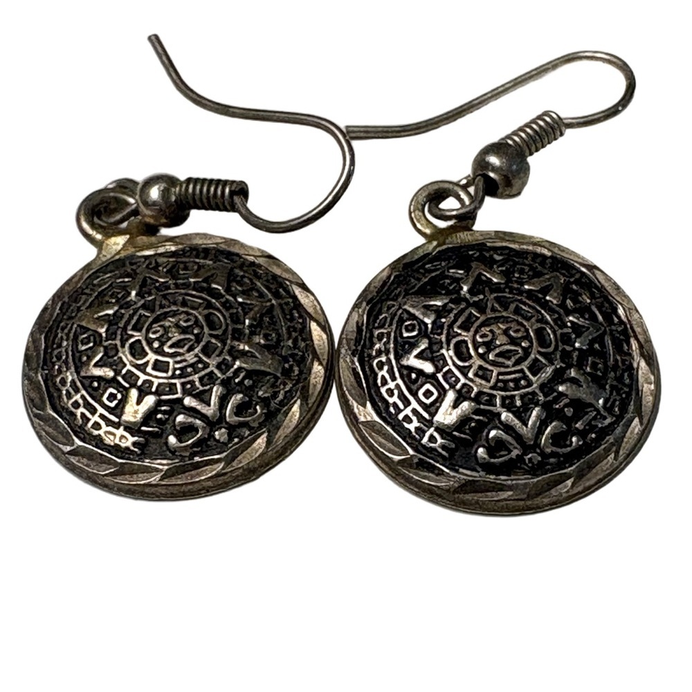Vintage Aztec Calendar Style Dangle Earrings Silver Tone Boho